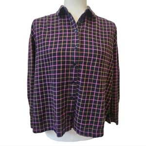 Madewell Flannel Westlake Button Down Shirt in Stoppard Plaid Black Pink Small